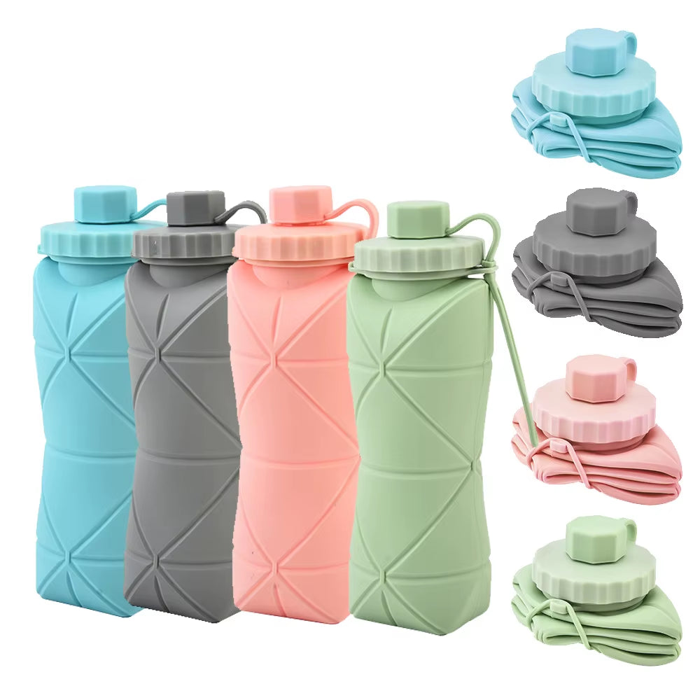 600Ml Silicone Folding Bottle Adult Portable Reusable Plastic Cups Outdoor Travel Gym Water Bottle Motivational Drinking Bottle
